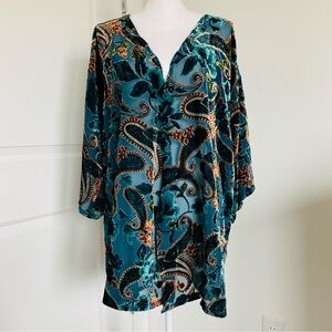 Vision Paisley Print Velvet Kimono Open Front Sleeve Lightweight Cardigan Sz XL